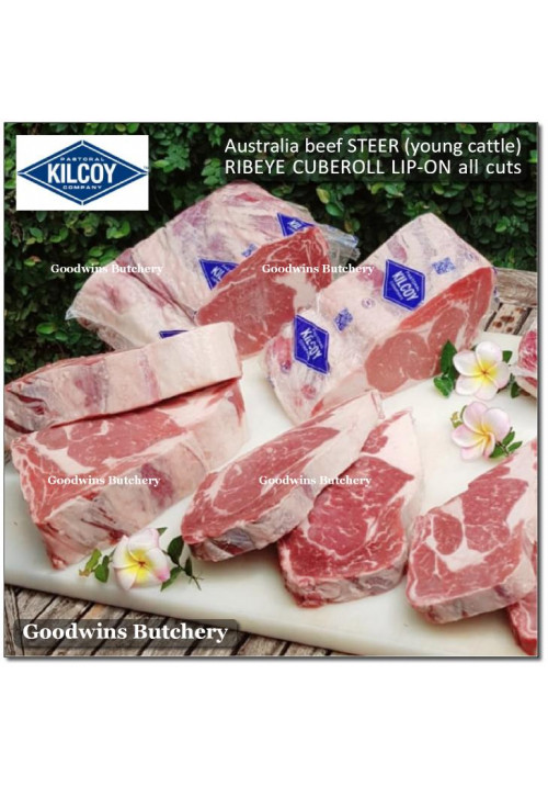 Beef Cuberoll Scotch-Fillet RIBEYE LIP-ON Australia STEER (young cattle) KILCOY BLUE DIAMOND 21days aged frozen STEAK 1, 3/4 & 3/8" (price/kg)